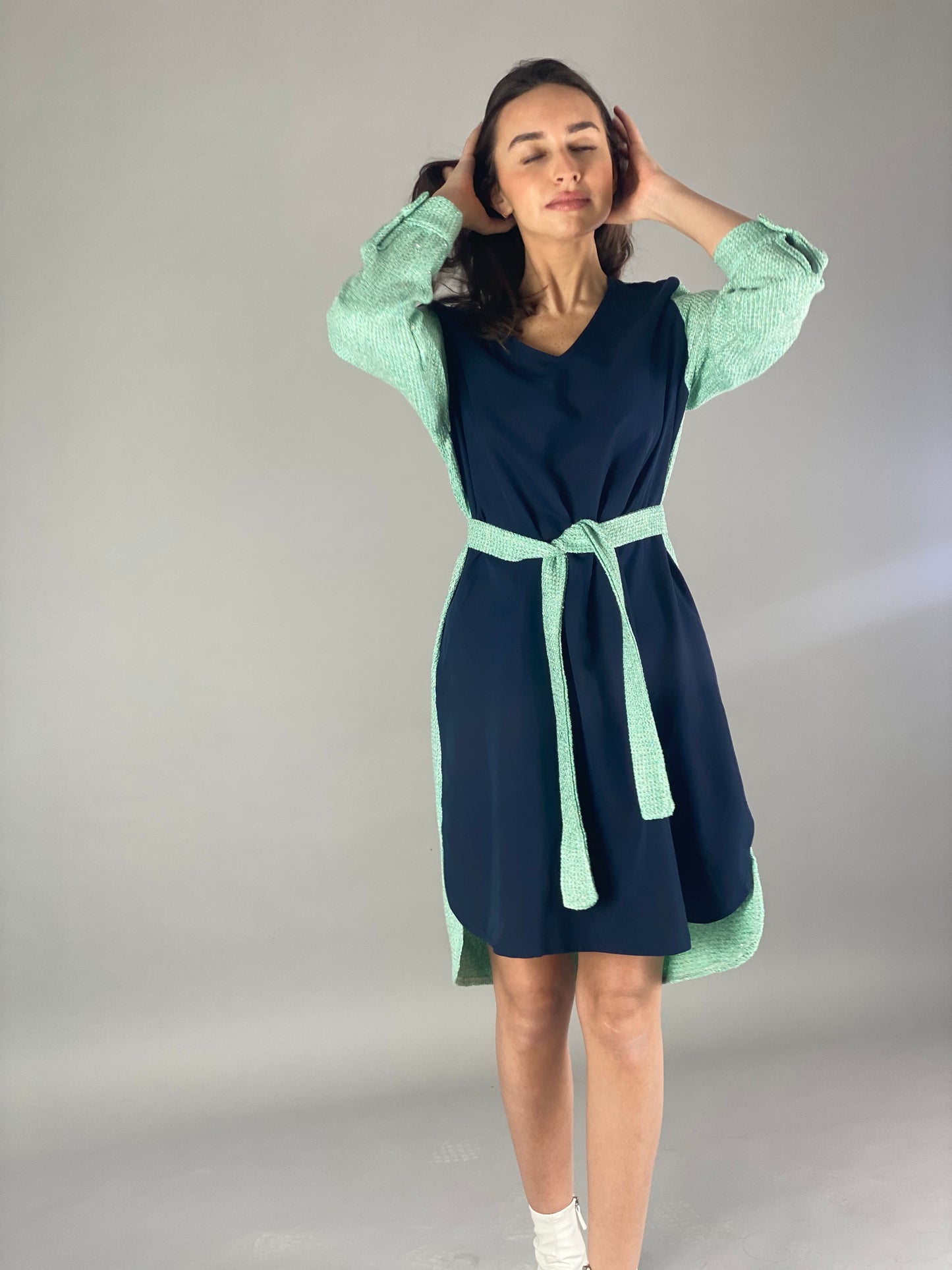 Tweed Dress - Navy/Turquoise