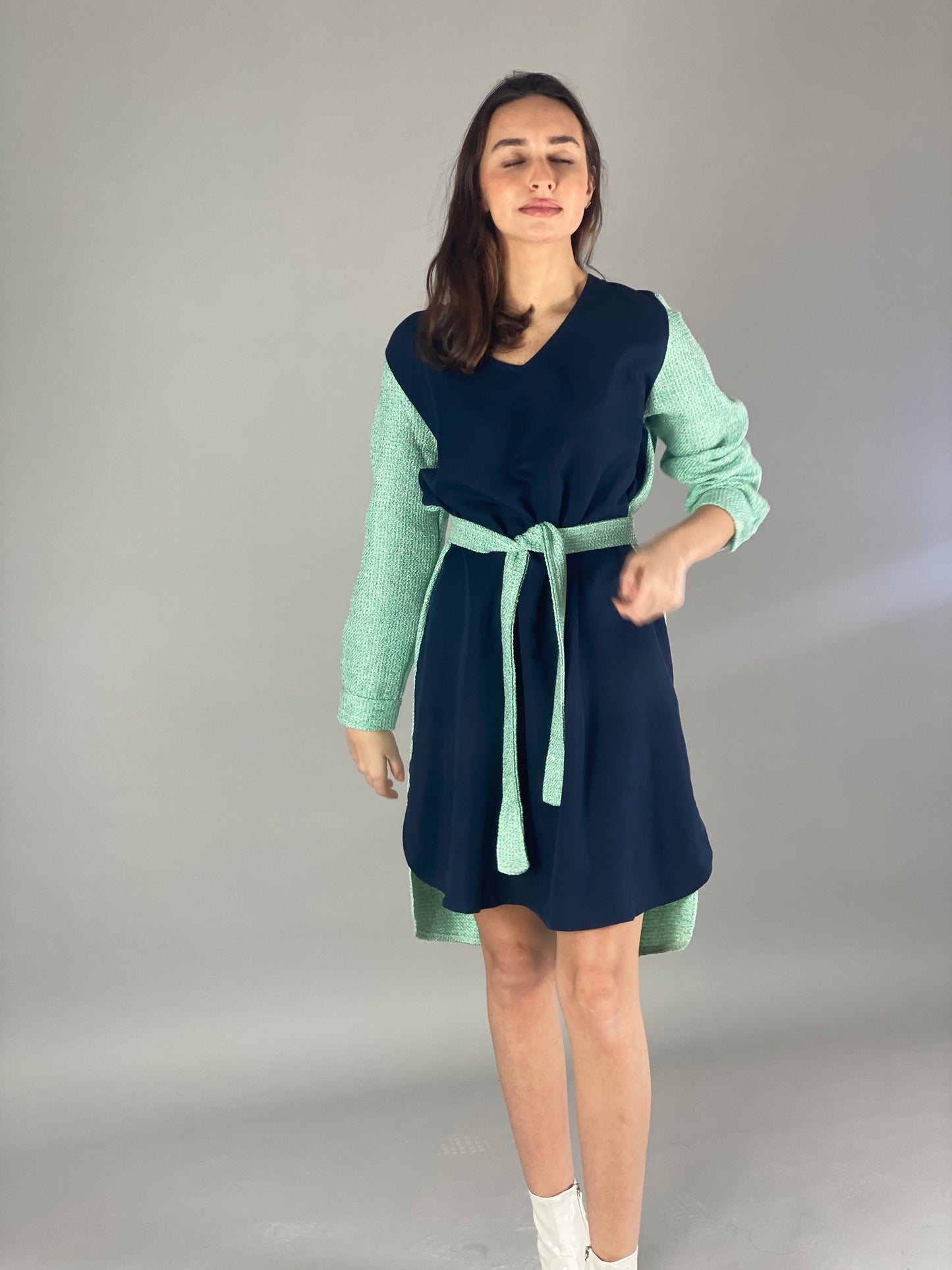 Tweed Dress - Navy/Turquoise