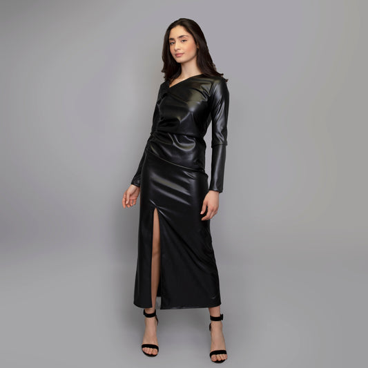 IVANA LEATHER DRESS, kaftans dresses, long dress, long leather dress, black dress, clothing brand